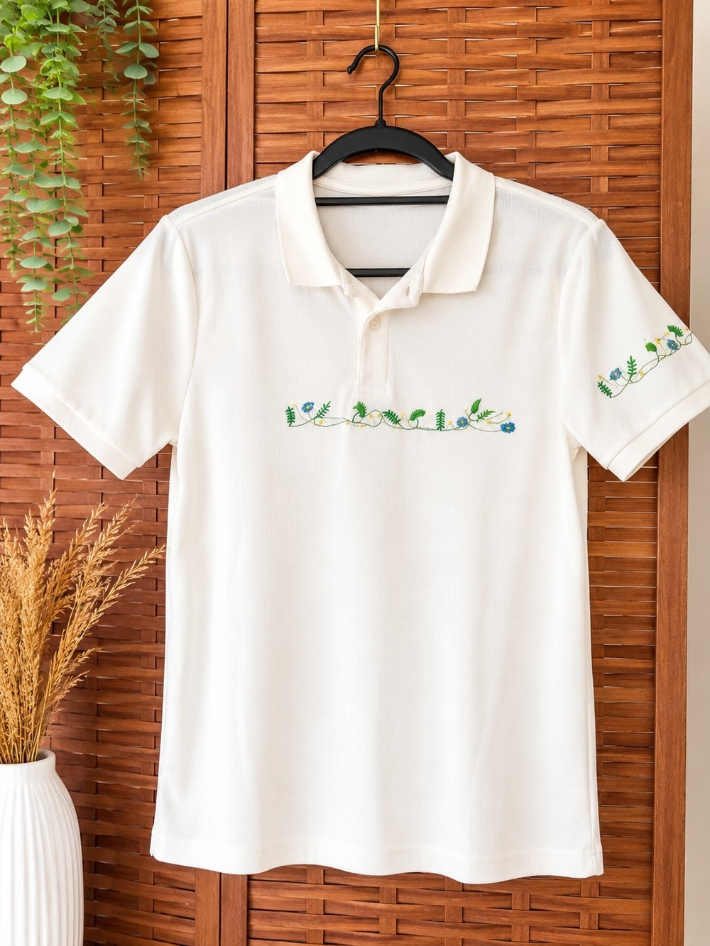 Vibe White Polo with Green and Blue Floral Embroidery